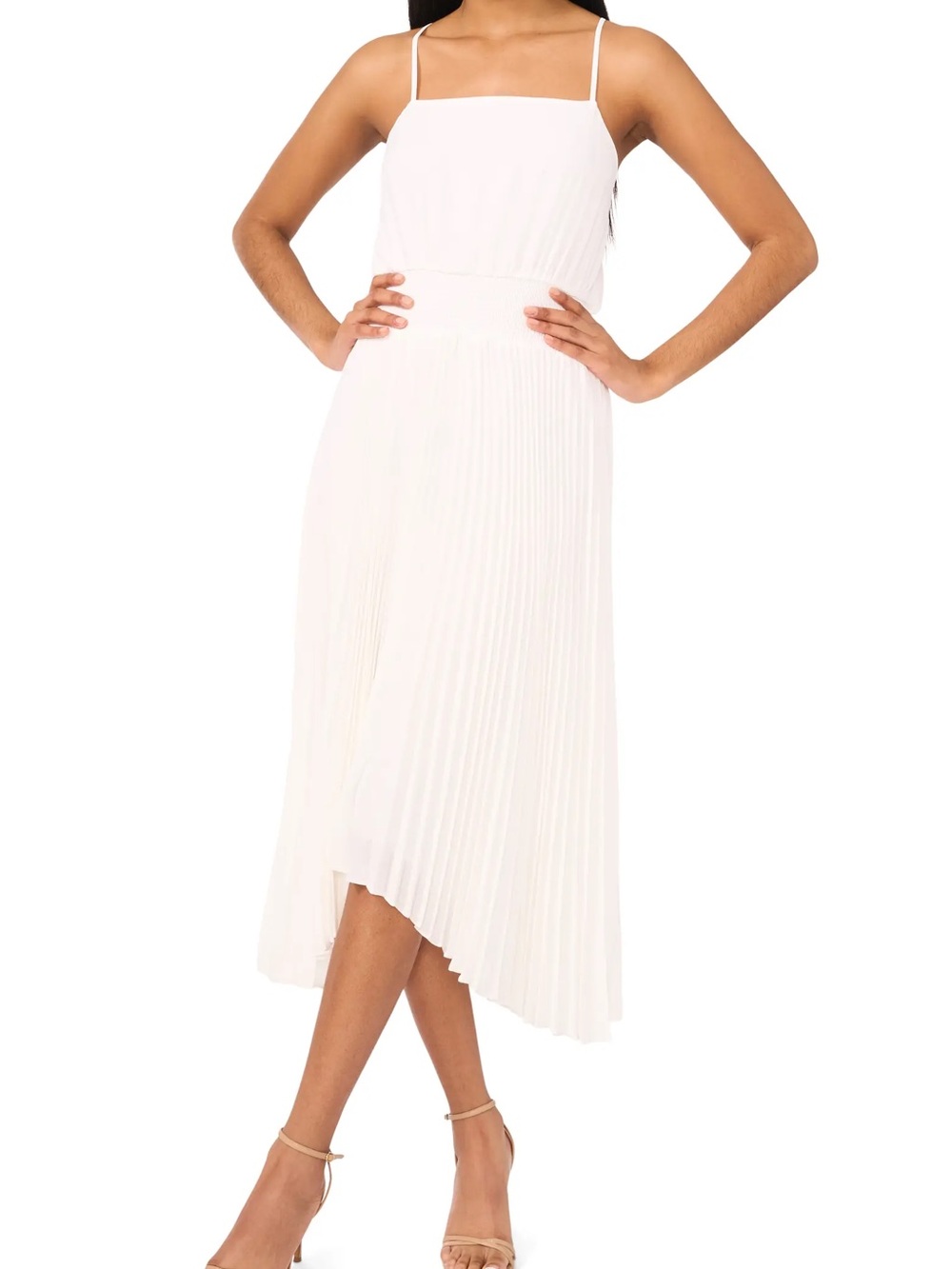 Halogen White Pleated Sharkbite Midi Dress